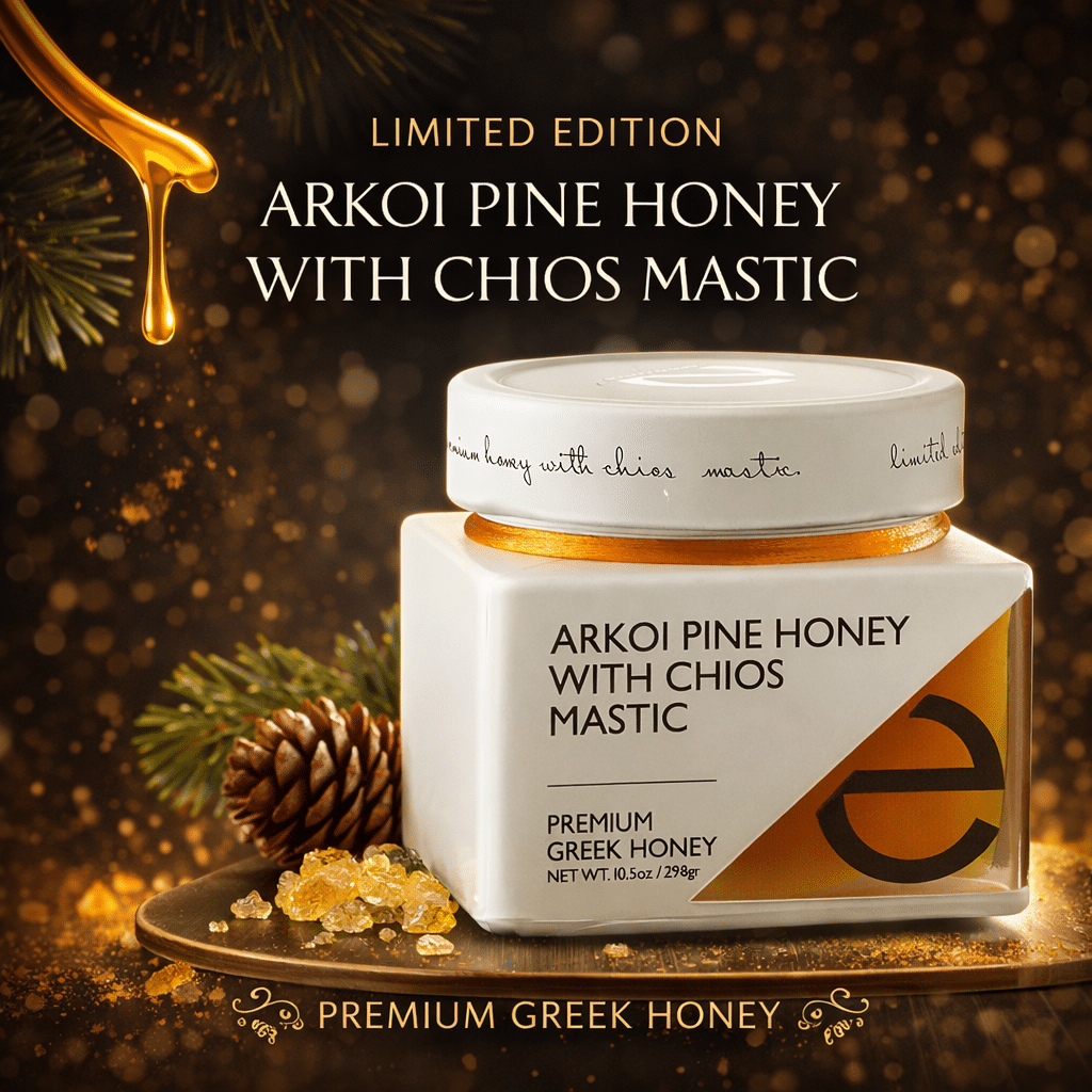 A7EDB12A-9C39-43E0-BBDA-8769C1513535 Premium Pine Honey with Chios Mastic - 10.5oz (298g) عسل يوناني عضوي فاخر من اشجار الصنوبر والمستكة - Image 1